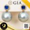 [GIA] ต่างหูไพลินล้อมเพทาย ห้อยไข่มุกตาฮิติน้ำเค็มคัดเกรด สีเทา-ฟ้า ทรงกลม ขนาด 12 mm เกรด AA+  (ไข่มุกผ่านการตรวจรับรองคุณภาพจาก สถาบัน GIA, Tahitian 1,199 Lot) ตัวเรือนต่างหู ทองแท้ 18k (น้ำหนักทอง 1.21g) ประดับไพลินและเพทาย CZ / 11.8.64