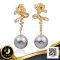 ต่างหูโบว์ประดับเพชร หางย้อย ห้อยเพชรตุ๊งติ๊งและไข่มุก Tahitian Pearl สายพันธุ์น้ำเค็มคัดเกรด สีเทา ทรงเกือบกลม ขนาด 10.0-10.5 mm เกรด AA ตัวเรือนต่างหู วัสดุเงินแท้ 925 ชุบสีทอง ประดับเพชร CZ /15.5.65