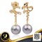 ต่างหูโบว์ประดับเพชร หางย้อย ห้อยเพชรตุ๊งติ๊งและไข่มุก Tahitian Pearl สายพันธุ์น้ำเค็มคัดเกรด สีเทา ทรงเกือบกลม ขนาด 10.0-10.5 mm เกรด AA ตัวเรือนต่างหู วัสดุเงินแท้ 925 ชุบสีทอง ประดับเพชร CZ /15.5.65