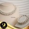 มุกจัดชุด สร้อยคอและสร้อยข้อมือ มุกสีขาว 2 สาย คั่น2สายดอกไม้ประดับเพชร CZ ตะขอใบโกศลเล็กประดับเพชร CZ เงินแท้ชุบทองคำขาว / W006