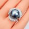 14.51 mm, Gray Feline, Tahitian Pearl,  Three Petals Diamond Paved Solitaire Pearl Ring