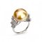 14.1 mm, Gold South Sea Pearl, Solitaire Pearl Shoulder Flowers CZ Paved Ring