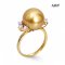 12.8 mm, Gold South Sea Pearl, Solitaire Pearl Three Side Stones Ring