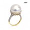 14.7 mm, White South Sea Pearl, Solitaire Pearl Royal Cup Shoulder Zircon Paved Ring