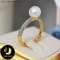 แหวนมุก Akoya เม็ดเดี่ยว บ่าประดับพลอยแท้ White Topaz มุก Akoya คัดเกรด สีขาว ทรงกลม ขนาด 7.5 mm เกรด AA+ ตัวเรือนเงินแท้ 92.5 ชุบทอง ประดับพลอยแท้ White Topaz / R874 / ว874 / 3.3.64