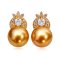 10.2 mm and 10.2 mm, Gold South Sea Pearl, Diamond Crown Pearl Stud Earrings