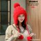 [พร้อมส่ง] [HT-008-5] หมวกไหมพรมกันหนาวผู้หญิงสีแดง ถักลายสวยแต่งขนเฟอร์ มีตุ้มยาวปอมๆ