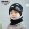 [พร้อมส่ง] [Kid-A042-1] ชุดหมวกไหมพรม+ผ้าพันคอโดนัทกันหนาวเด็กสีดำ ลายดาว ด้านในซับขนกันหนาว (ชุด 2 ชิ้น) (สำหรับ อายุ 3-12 ขวบ)