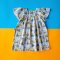 BUTTONS BACK BUTTERFLY SLEEVES TWO LIGHT GREY DRESS 100% PRINTED COTTON