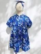 ชุดกระโปรงคอจีน กระดุมหลัง แขนยาวศอก 100%  คอตตอน ผ้าพิมพ์ลายมังกรสีน้ำเงิน