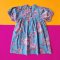 BUTTONS BACK PUFF SLEEVES ELBOW LENGTH BLUE BLOSSOM DRESS 100% PRINTED COTTON