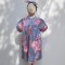 BUTTONS BACK PUFF SLEEVES ELBOW LENGTH BLUE BLOSSOM DRESS 100% PRINTED COTTON