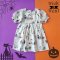 BUTTONS BACK ELBOW LENGHT PUFF SLEEVES SPOOKY WHITE DRESS 100% PRINTED COTTON