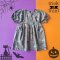 BUTTONS BACK ELBOW LENGHT PUFF SLEEVES SPOOKY DARK GREY DRESS 100% PRINTED COTTON