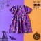 BUTTONS BACK PUFF SHORT SLEEVES WITCH PURPLE DRESS 100% PRINTED COTTON