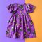 BUTTONS BACK PUFF SHORT SLEEVES WITCH PURPLE DRESS 100% PRINTED COTTON