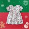 BACK TO FRONT PUFF SLEEVES WHITE XMAS DRESS   100% PRINTED COTTON